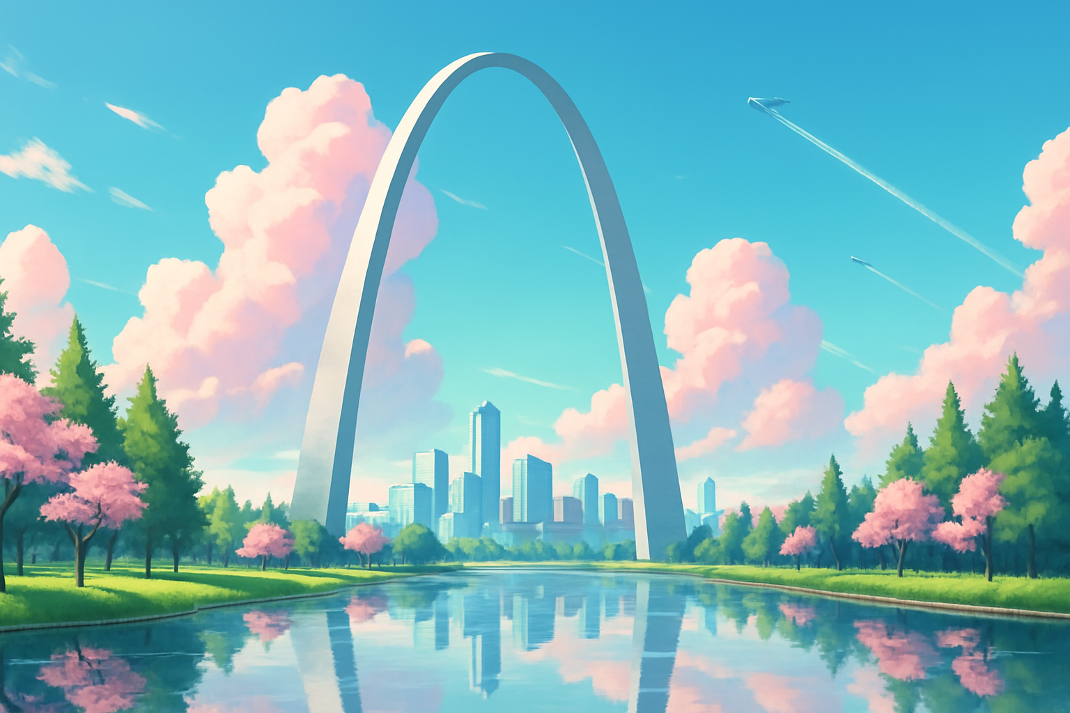 A serene cityscape featuring a futuristic skyline framed by tall green trees and pink blossom trees on both sides, with soft pink clouds scattered across a bright blue sky